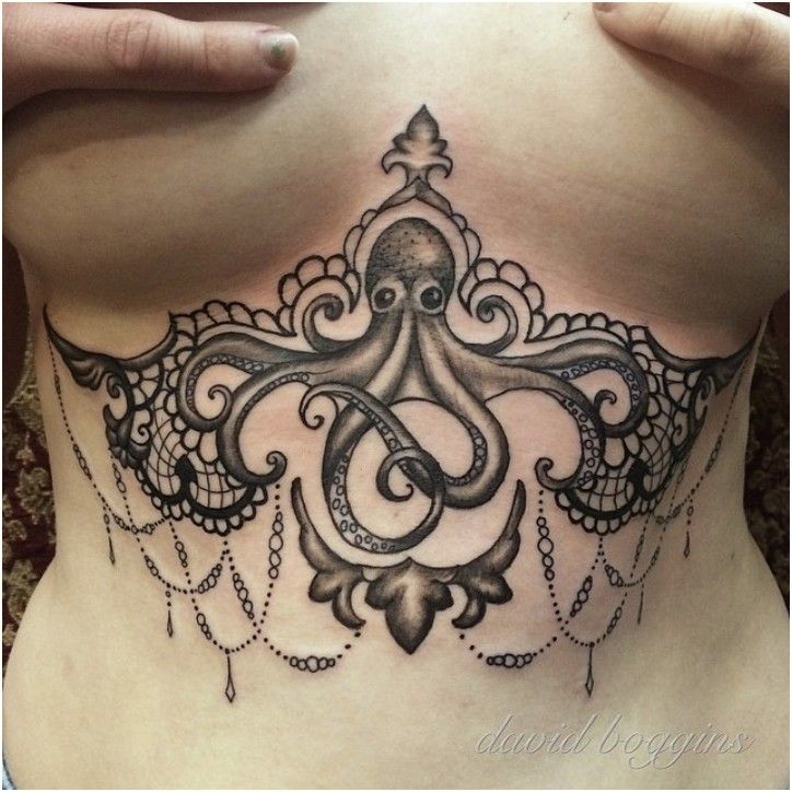 Татуировки под женской грудью.