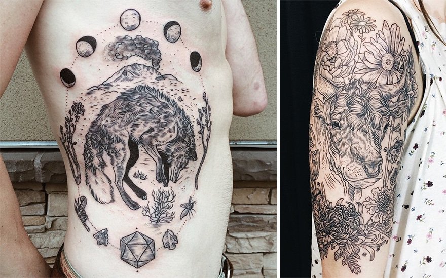 Татуировки в стиле рисунков из печатных изданий от Пони Рейнхардт