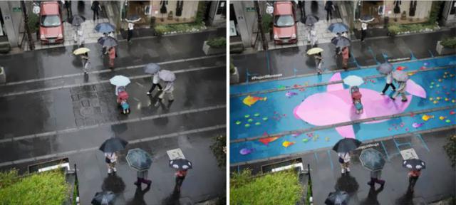 Яркие рисунки на дорогах, которые видны только во время дождя