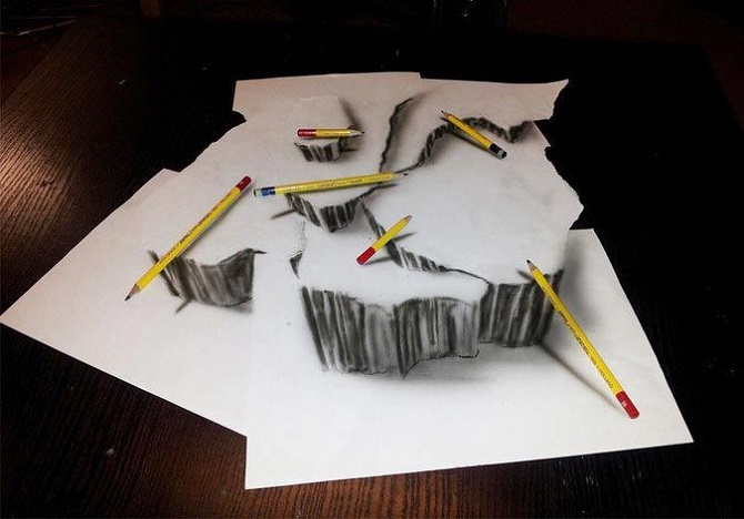 Невероятные трехмерные иллюзии на бумаге, нарисованные простым карандашом