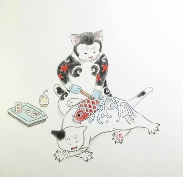 Кошки и татуировки на картинах Кадзуаки Хоритомо