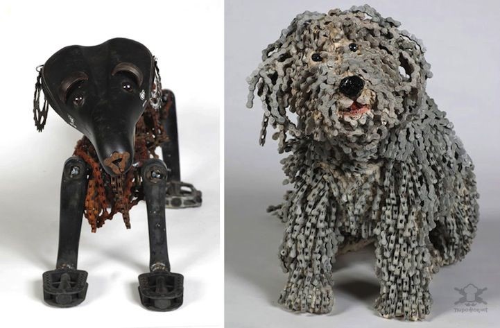 Художница создает собак из велосипедных цепей