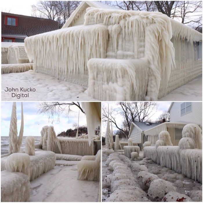 Замерзший дом на берегу озера Онтарио в США