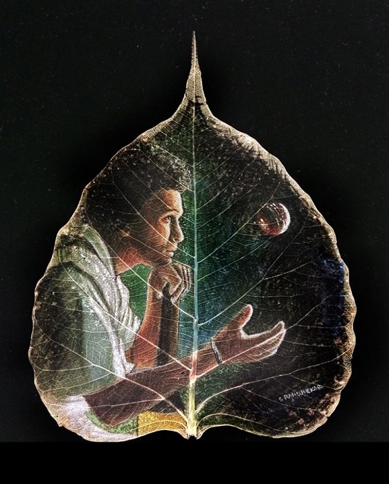 Рисунки на листьях от индийского художника