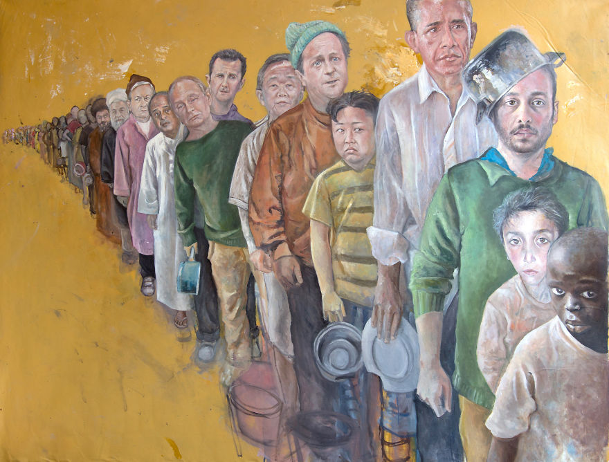 Сирийский художник представил мировых лидеров в образе беженцев