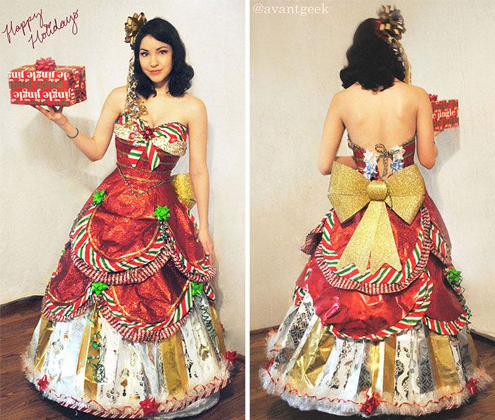 Девушка создает яркие платья из подарочных упаковок