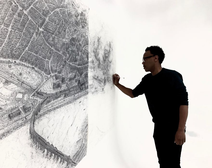 Художник рисует крупномасштабные детализированные городские пейзажи