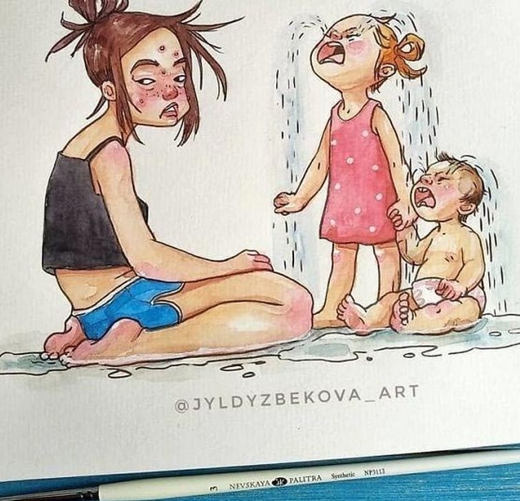 Художница рисует повседневную жизнь с детьми