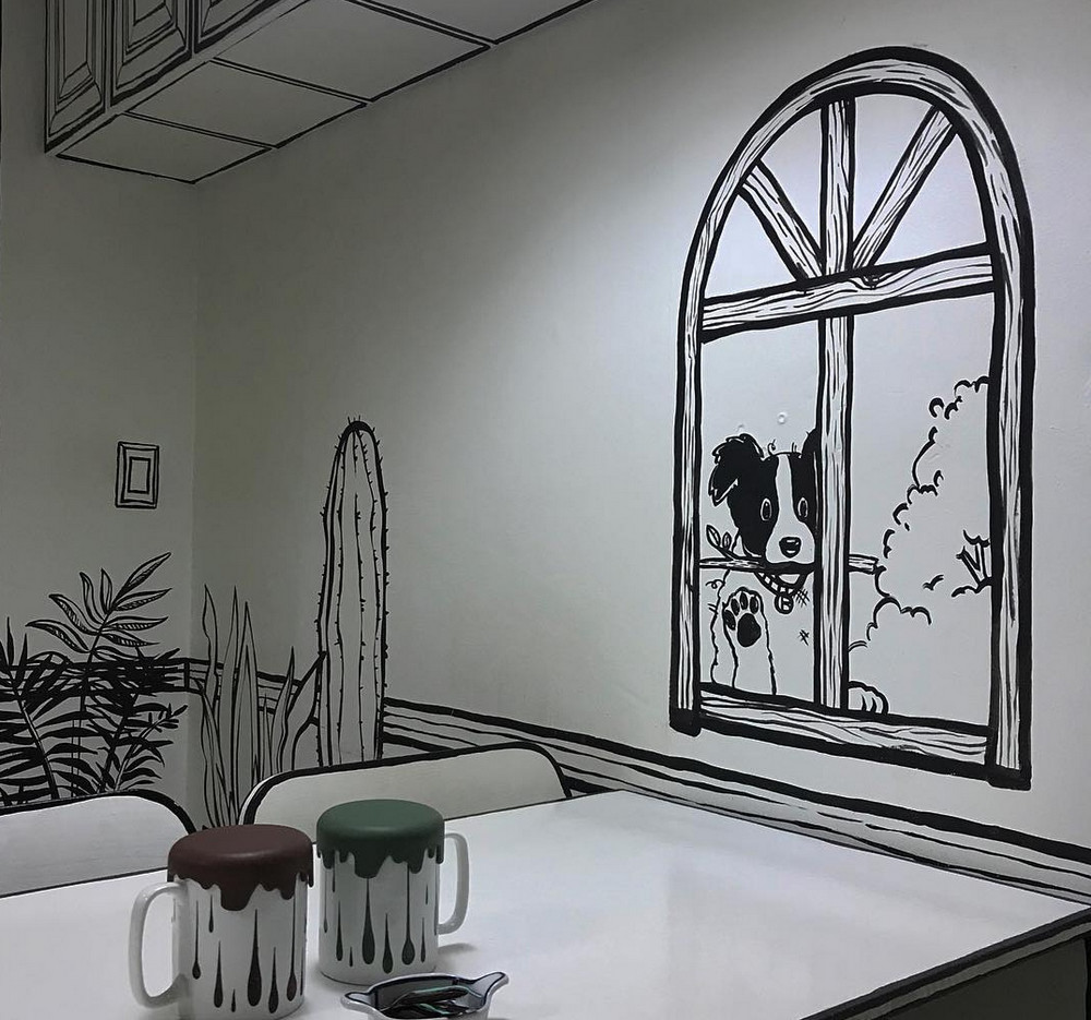 Нарисованная реальность внутри кафе в Сеуле