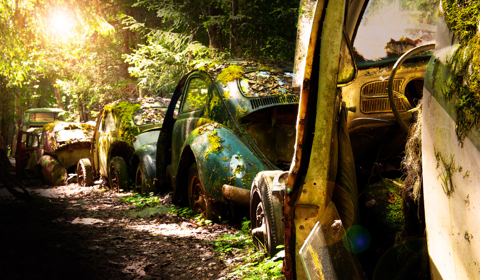 Кладбище автомобилей в лесах на юге Швеции 