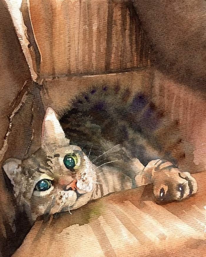 Жизнь кошек в акварельных рисунках