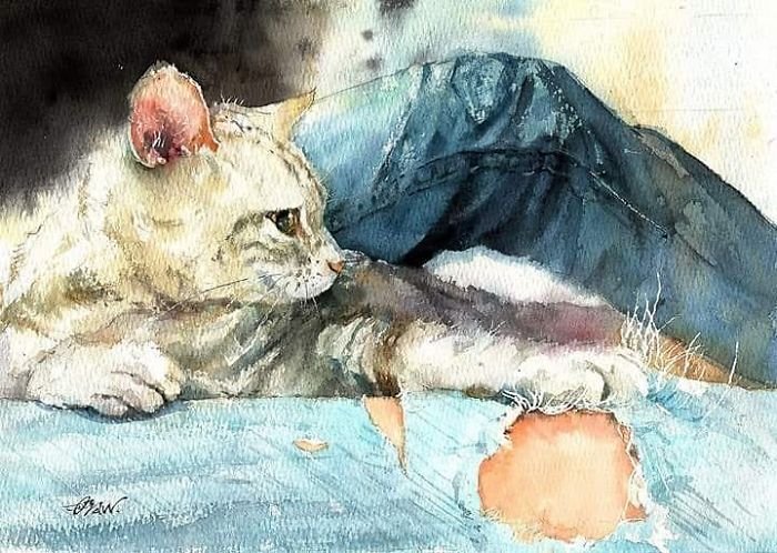 Жизнь кошек в акварельных рисунках