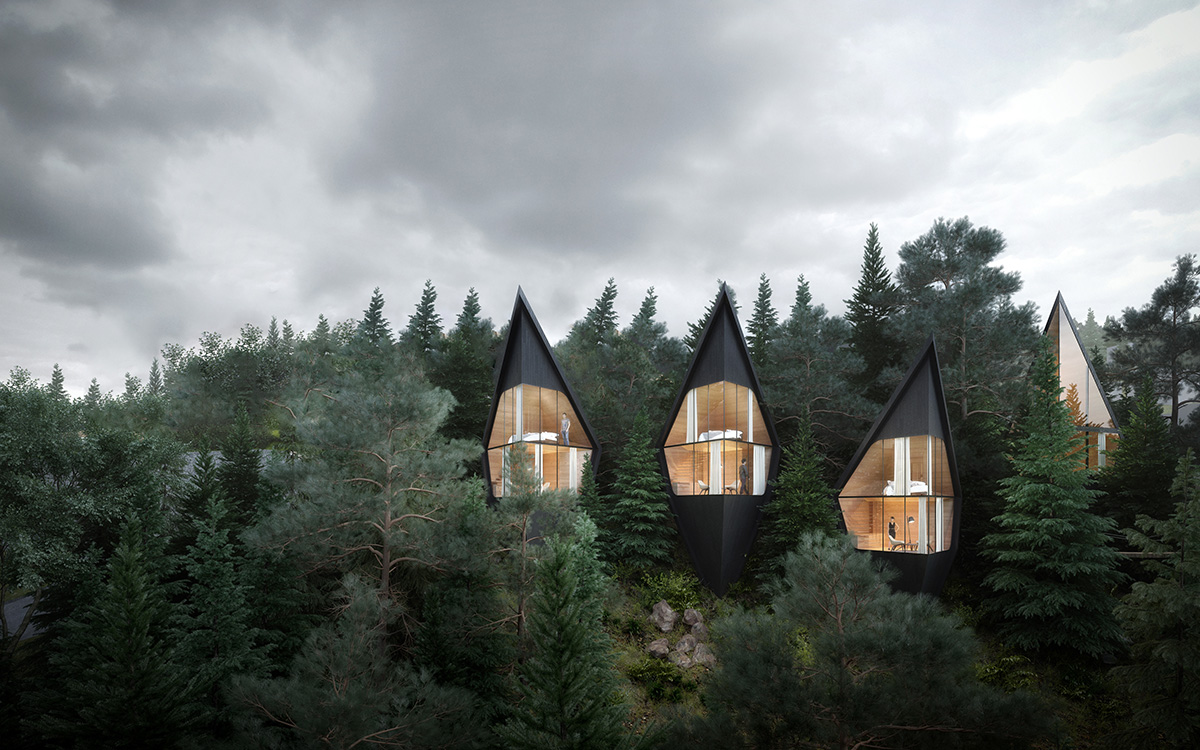 Футуристические домики на деревьях в лесу Доломитовых Альп