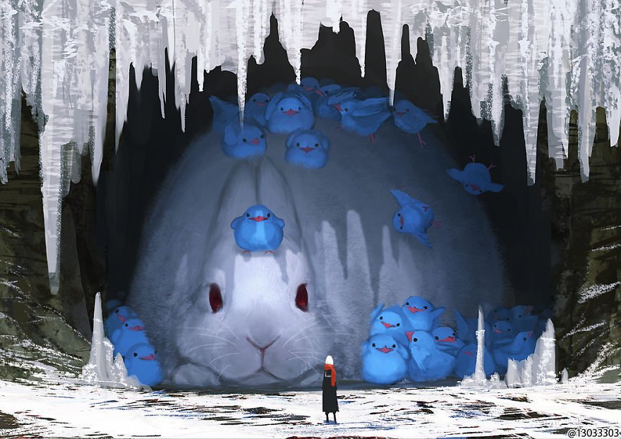 Японский иллюстратор изображает мир с гигантскими животными