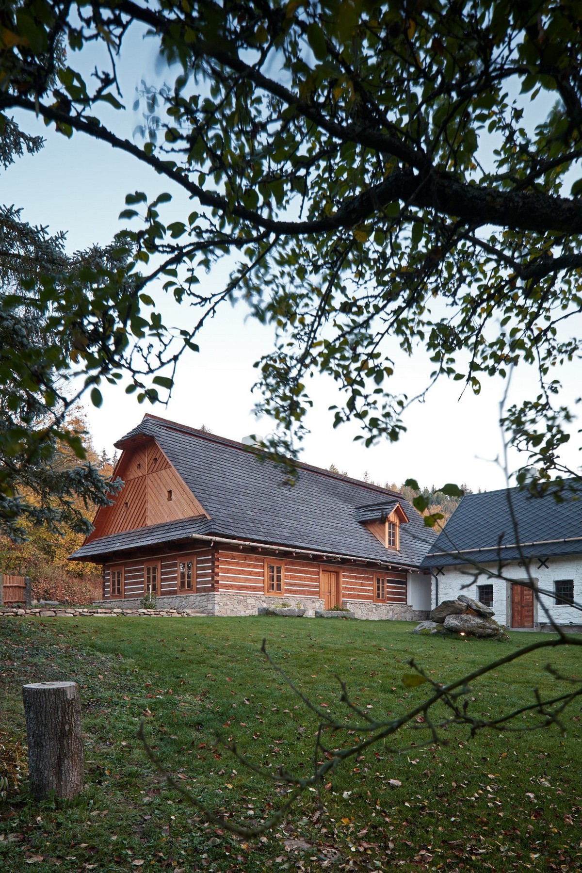 Два сельских дома, олени и деревья в Чехии