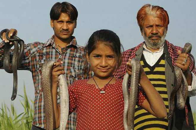 Индийская девочка Каджол Хан ладит со змеями