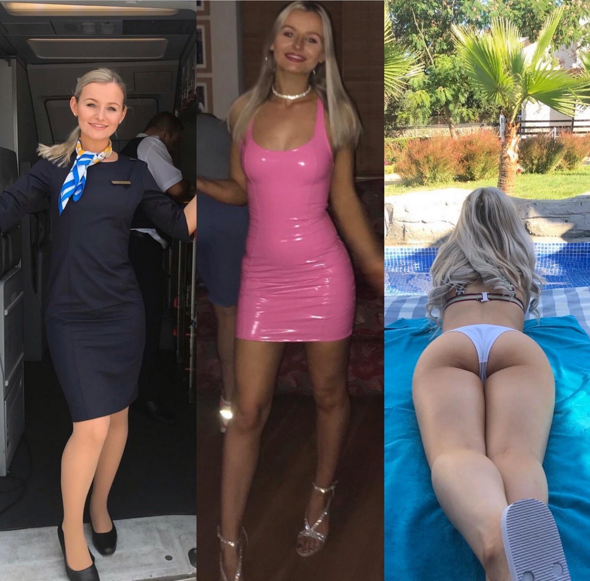 Красивые девушки-стюардессы в униформе и без неё