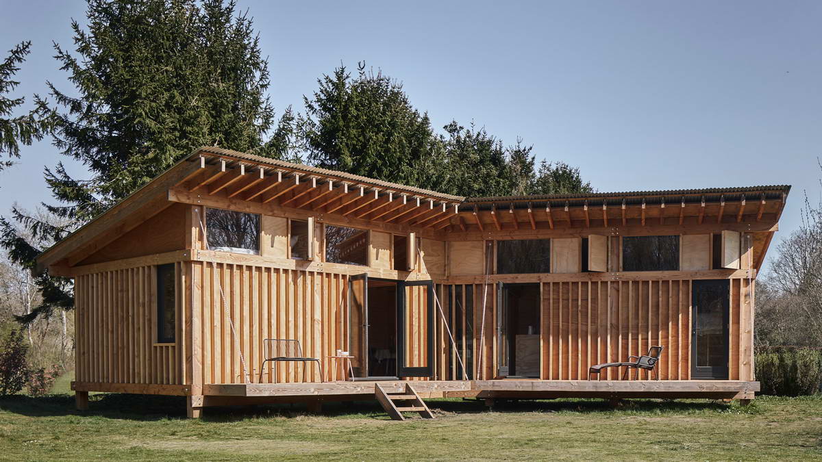 Одноэтажный деревянный дачный домик в Нидерландах Crafted, строительства, также, создать, студия, чтобы, Works, сказал, Дугласа, стали, стропила, крыши, компанией, Джеффрис, Одноэтажный, который, Дренте, домик, расслабляющее, жилой