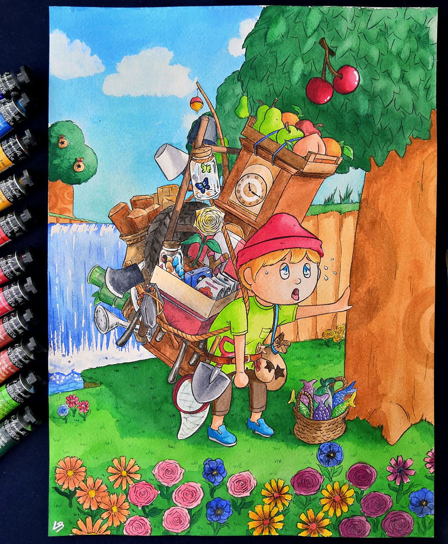 Художница изобразила персонажей видеоигр с полным инвентарём