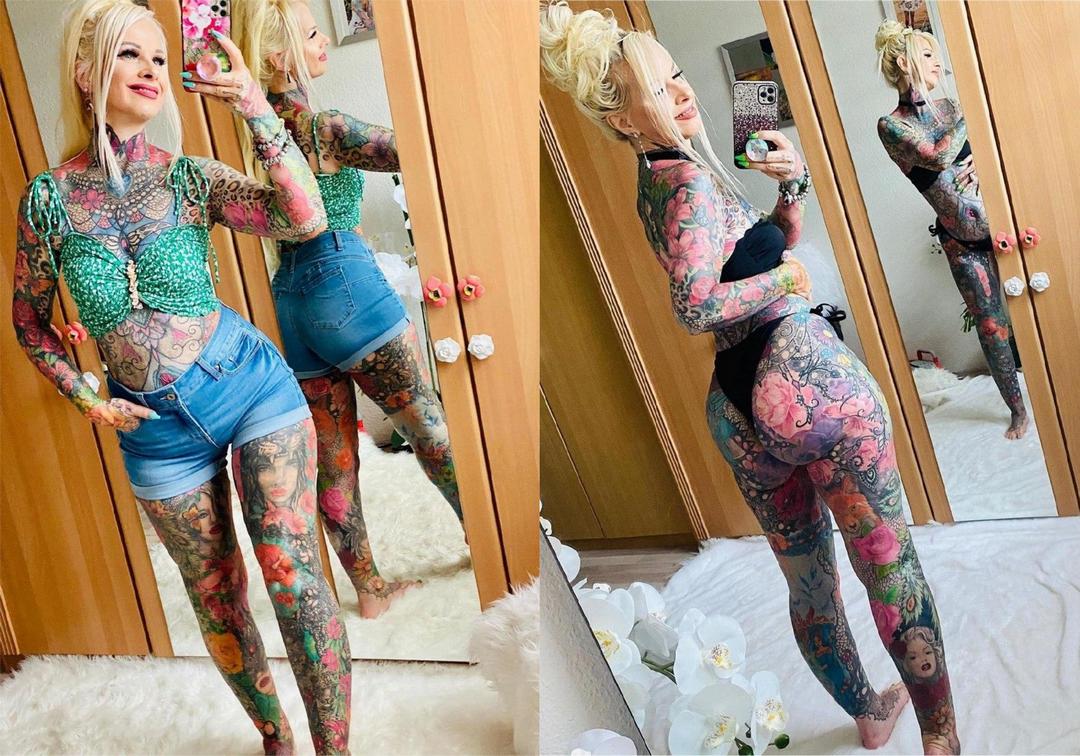 55-летняя бабушка покрыла всё тело яркими татуировками