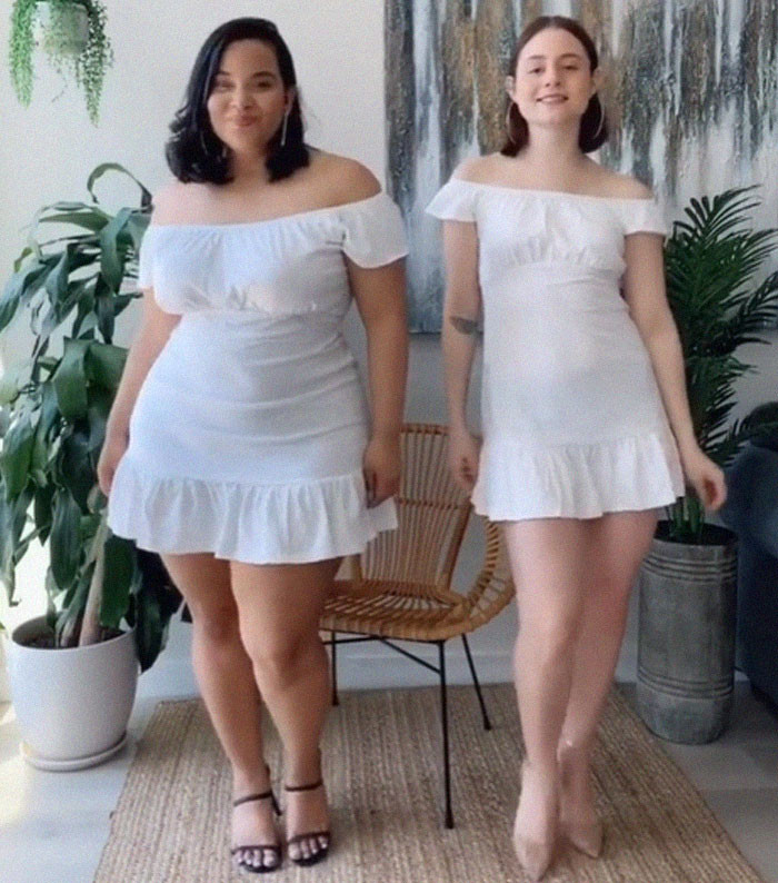Две подруги продолжают демонстрировать одинаковую одежду на разных типах фигуры