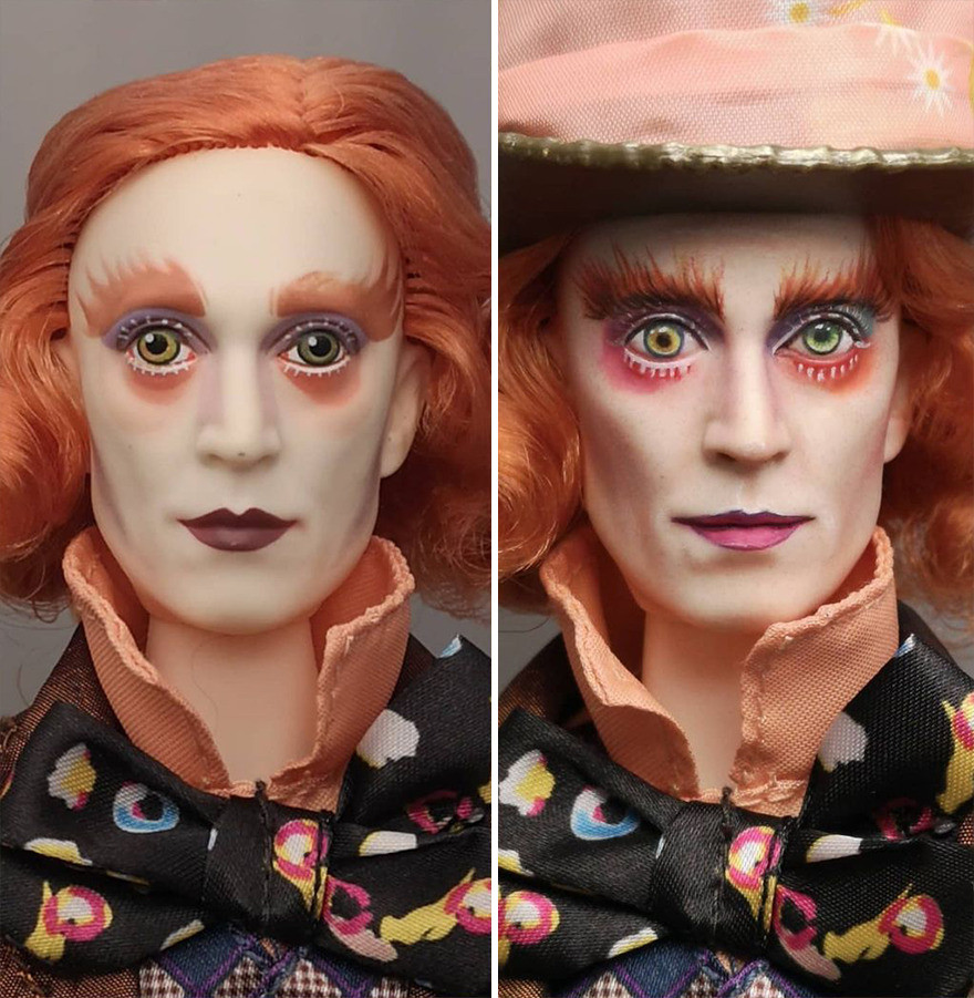 Художник перекрашивает лица кукол, превращая их в знаменитостей