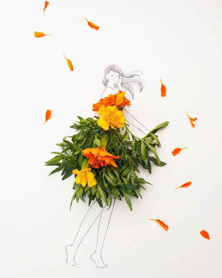 Изящные модные иллюстрации из цветочных лепестков и листьев