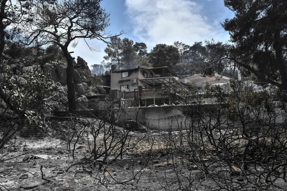 Мощный лесной пожар в Греции, уничтоживший десятки домов