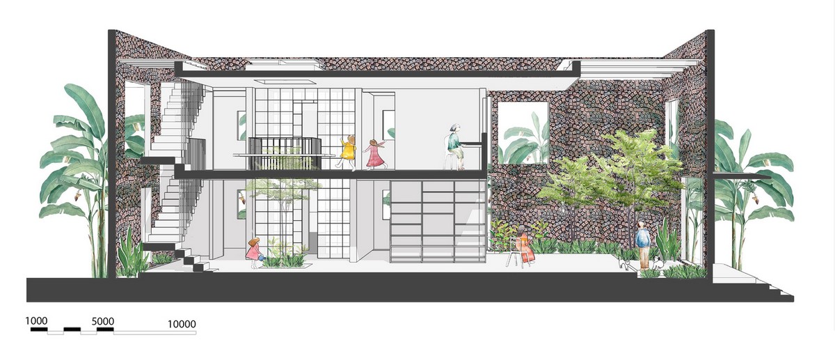 Двухэтажный дом с дышащими кирпичными стенами во Вьетнаме Картинки и фото