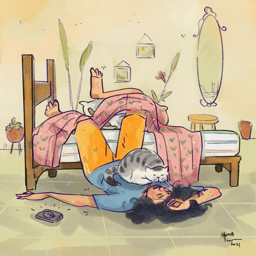 Карантинная жизнь с кошкой в иллюстрациях индийской художницы Аннады Менон