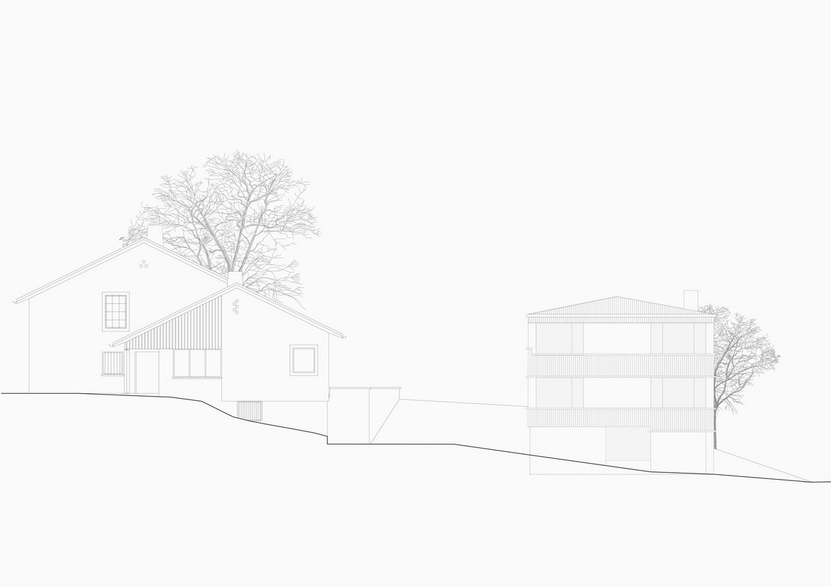 Минималистский трехэтажный дом в Швейцарии Проект, большой, обеспечивает, которыми, вписывается, Новый, трехэтажный, этаже, House, выходом, плана, объединяющая, гостиную, столовую, лестница, библиотеку, кухню, гардеробной, также, офисЦентральная