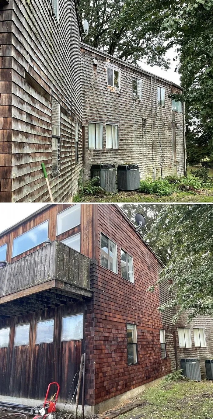 До и после чистки предметов и зданий мойкой высокого давления