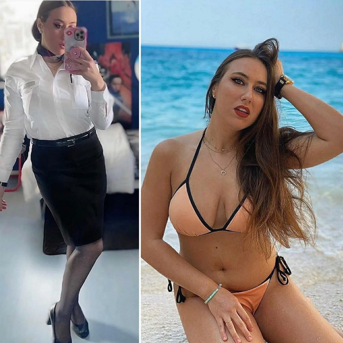 Красивые девушки-стюардессы в униформе и без неё