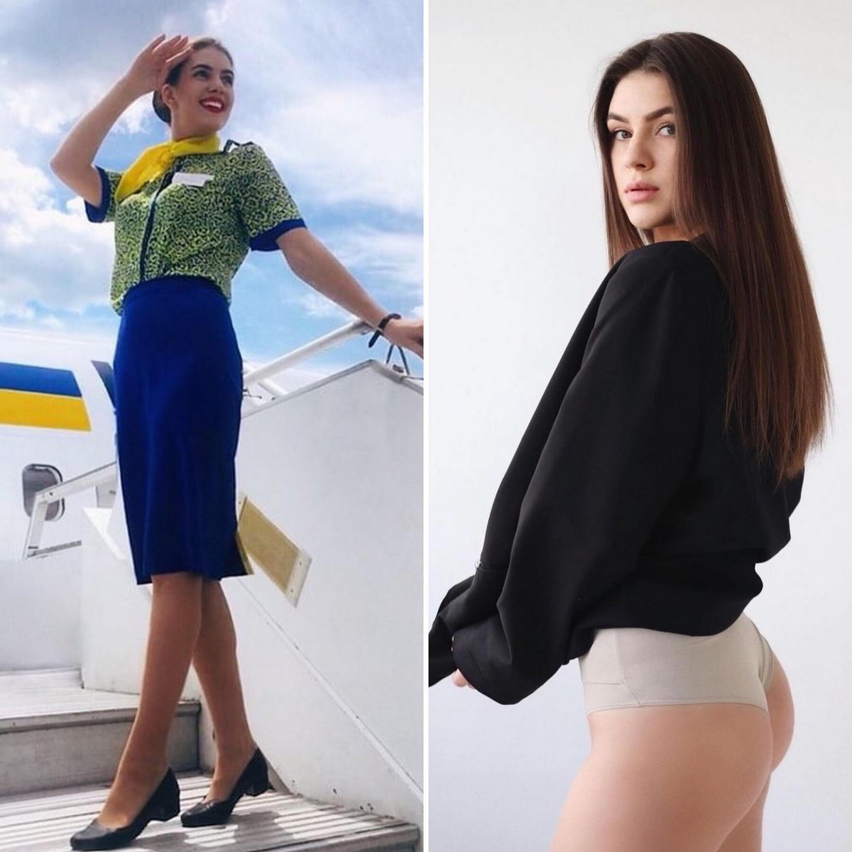 Красивые девушки-стюардессы в униформе и без неё