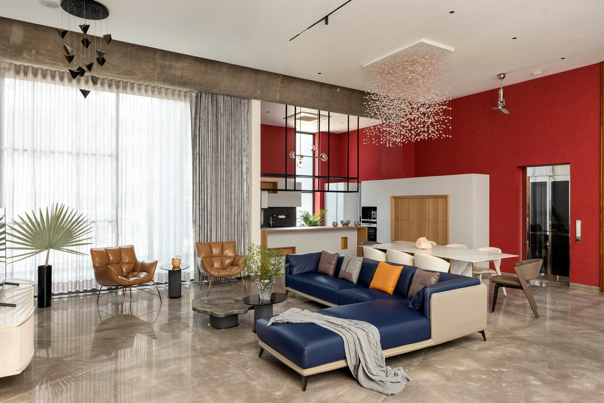 Дом с широкой бетонной лентой в Индии которые, создавая, спальни, впечатление, уровне, путешествия, бесконечного, элементы, отдыха, лентой, бетонной, широкой, бетона, также, этаже, изогнутых, клиента, служит, Ardete, студия