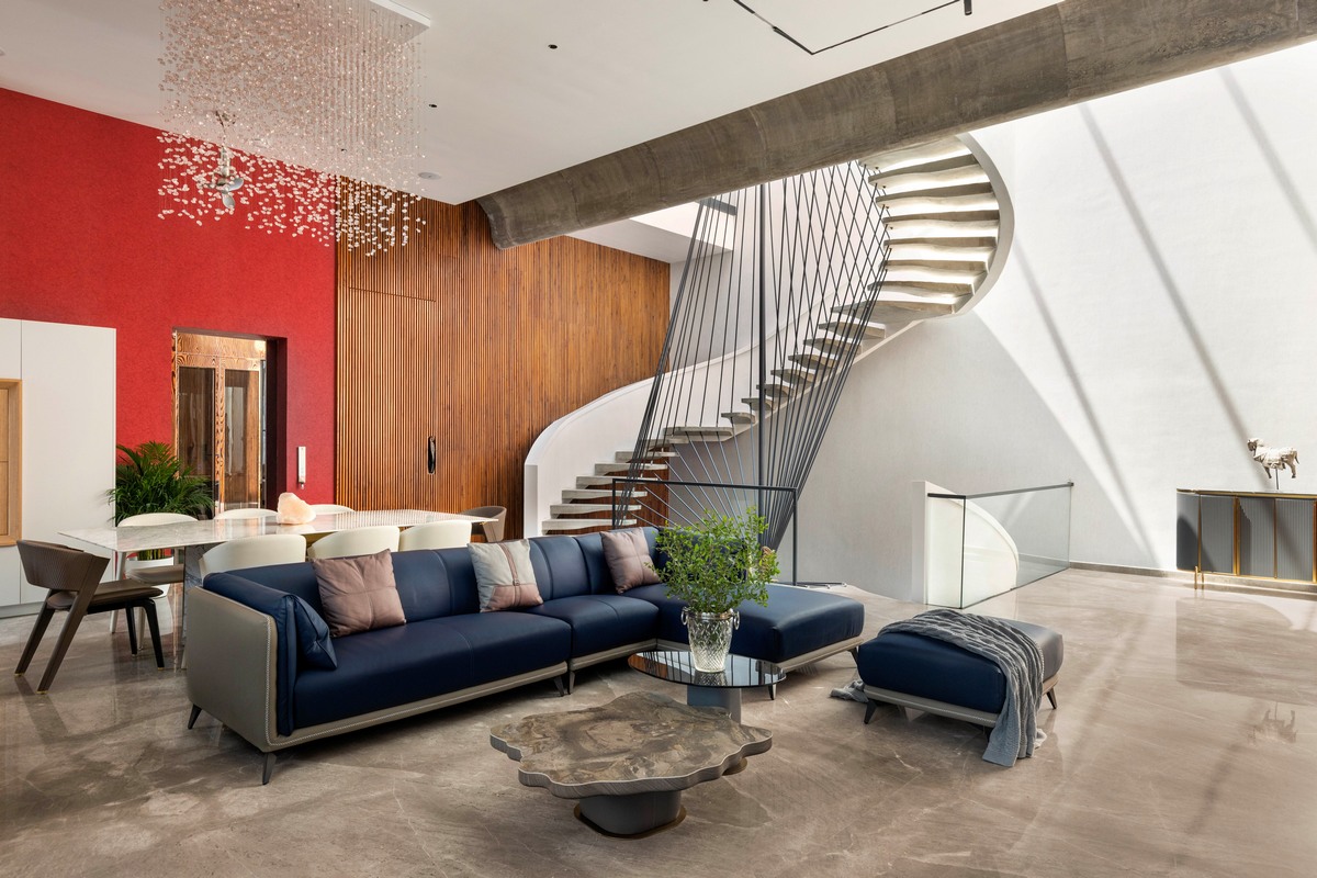 Дом с широкой бетонной лентой в Индии которые, создавая, спальни, впечатление, уровне, путешествия, бесконечного, элементы, отдыха, лентой, бетонной, широкой, бетона, также, этаже, изогнутых, клиента, служит, Ardete, студия