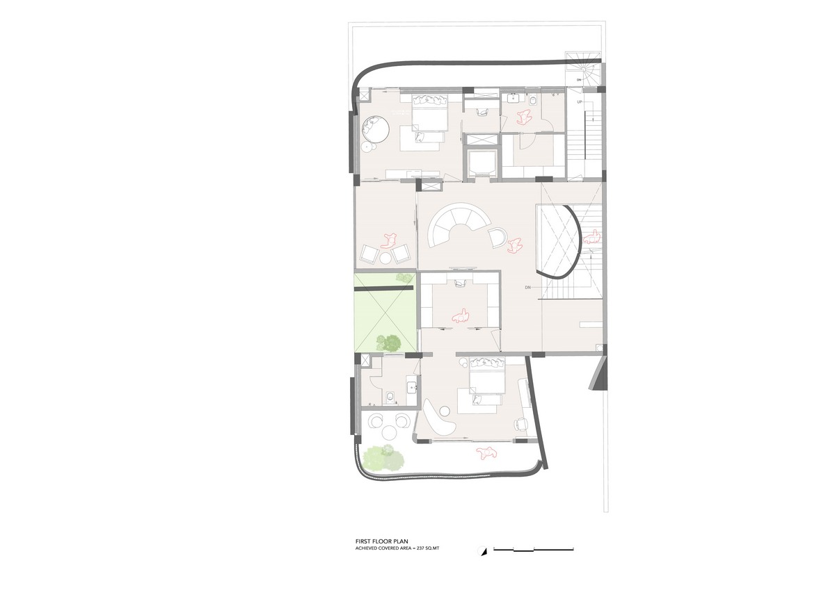 Дом с широкой бетонной лентой в Индии которые, создавая, спальни, впечатление, уровне, путешествия, бесконечного, элементы, отдыха, лентой, бетонной, широкой, бетона, также, этаже, изогнутых, клиента, служит, Ardete, студия