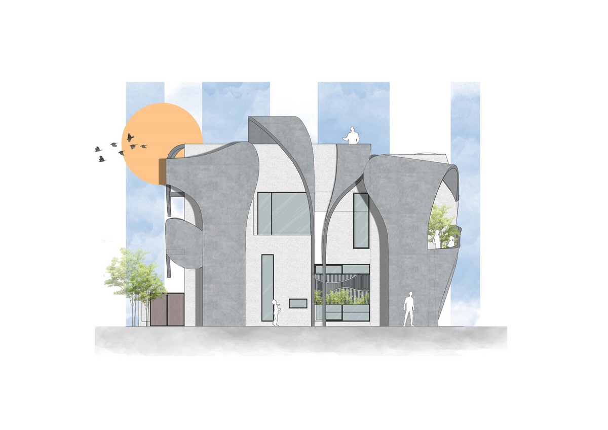 Дом с широкой бетонной лентой в Индии которые, создавая, спальни, впечатление, уровне, путешествия, бесконечного, элементы, отдыха, лентой, бетонной, широкой, бетона, также, этаже, изогнутых, клиента, служит, Ardete, студия